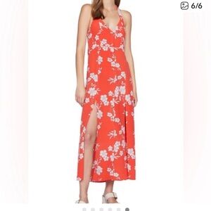 Sanctuary Red Floral Halter Maxi Dress side slit button up flirty feminine 8 EUC